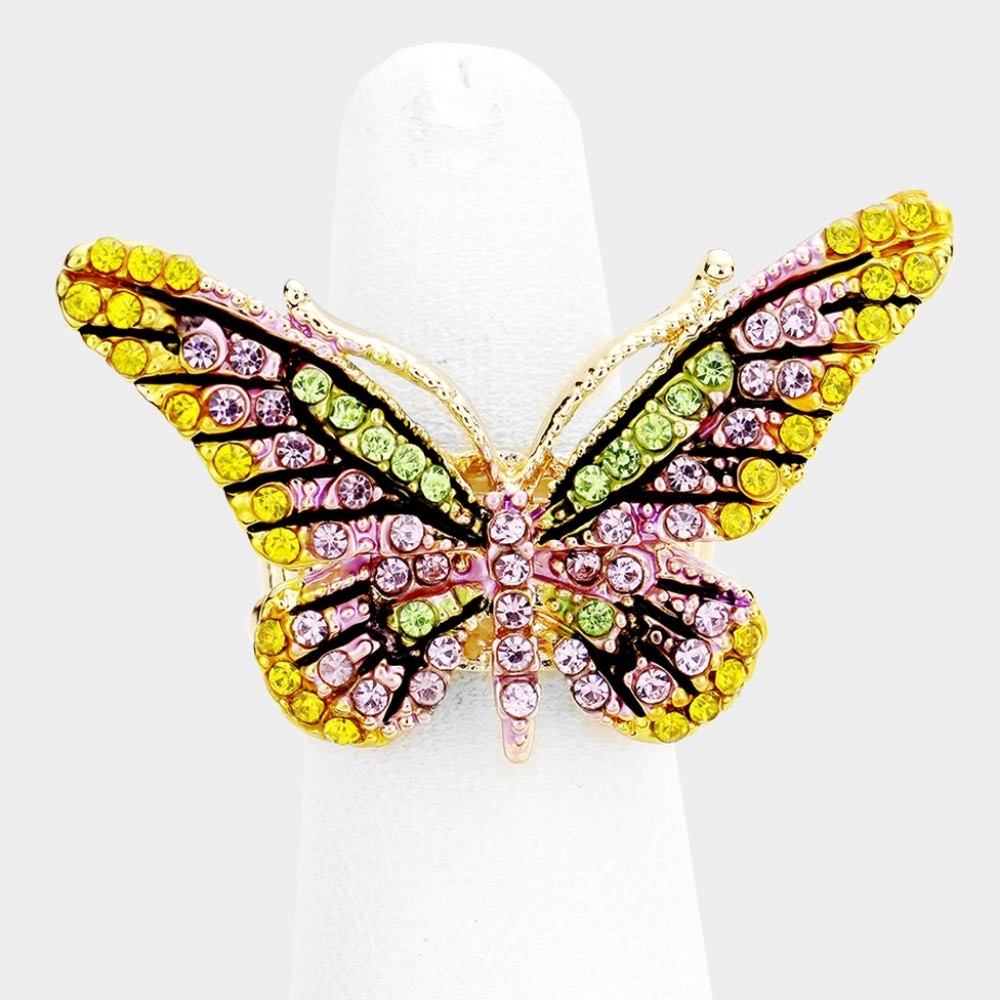 Purple Yellow Butterfly Ring Rhinestones Crystal Cute Finger Statement Accessory - Picture 3 of 3